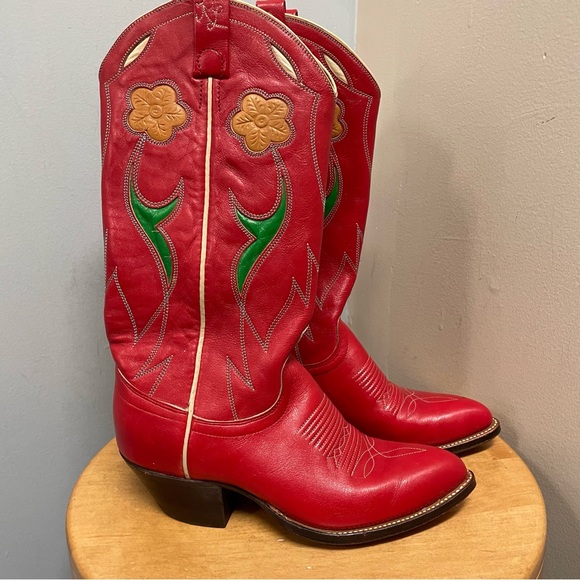 Polo Ralph Lauren Selene Western Cowboy Boot Red Leather with Green Inlay Size 6 - Picture 1 of 8